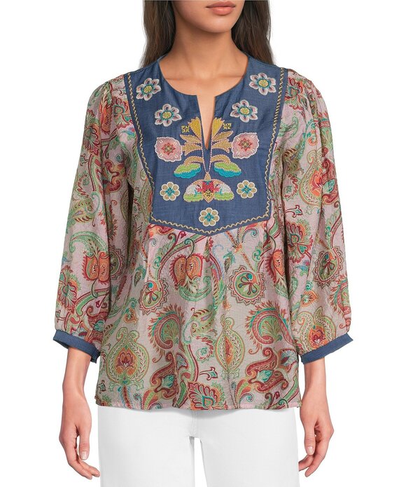 カレッサ レディース トップス カットソー プチ 刷り上げる 対比 刺しゅう Calessa Petite Size Woven Embroidered Contrast Yoke Paisley Print 3/4 Sleeve Tunic Pink Multi サクラ色
