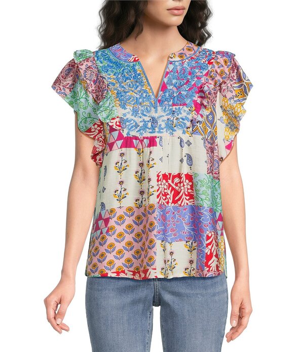 カレッサ レディース トップス カットソー Vのど首 プチ フラウンス 刺しゅう 旗がしら Calessa Petite Size Modern Mosaic Embroidered Split V-Neck Ruffle Cap Sleeve Tunic Pink Multi サクラ色
