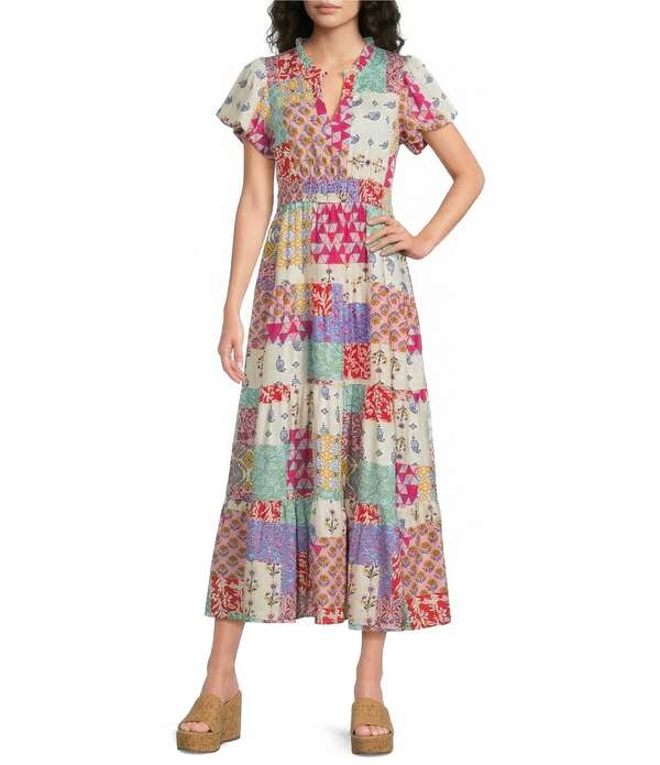 カレッサ レディース トップス 衣装 Vのど首 ティアード A 生産ライン プチ MIDI Calessa Petite Size Antique Mosaic Split V-Neck Short Puff Sleeve Tiered A-Line Midi Dress White Multi 白いこと