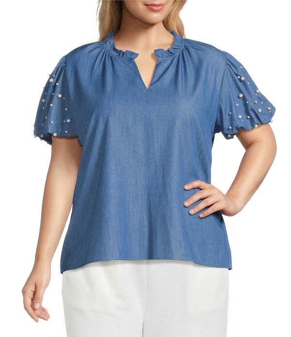 カレッサ レディース トップス カットソー Vのど首 軽気球捩り 足し加える大きさ 編み物 Calessa Plusize Knit Split V-Neck Beaded Short Puff Balloon Sleeve Tunic Indigo インディゴ
