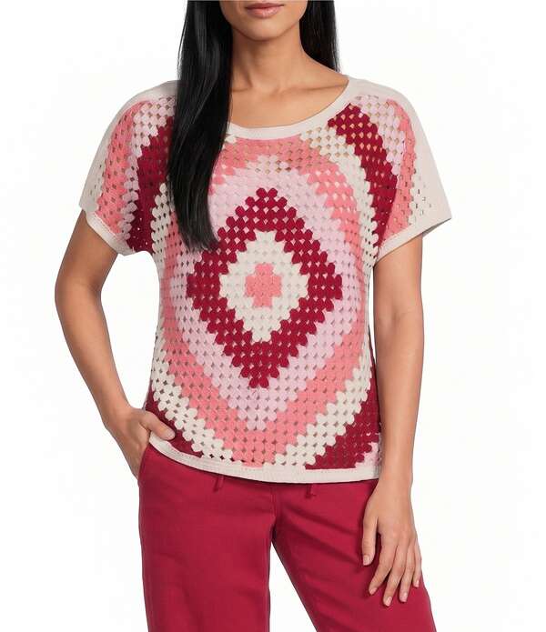 ナーチャー レディース トップス プルオーバー プチ Nurture Petite Size Short Sleeve Crochet Pullover Multi Rediamond 赤いこと