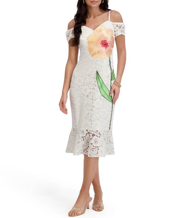 シエナ レディース トップス 衣装 御花柄 MIDI 刺しゅう スピード競技 御花 SIENA Embroidered Lace Floral Off-The-Shoulder Midi Dress White/Multi 白いこと