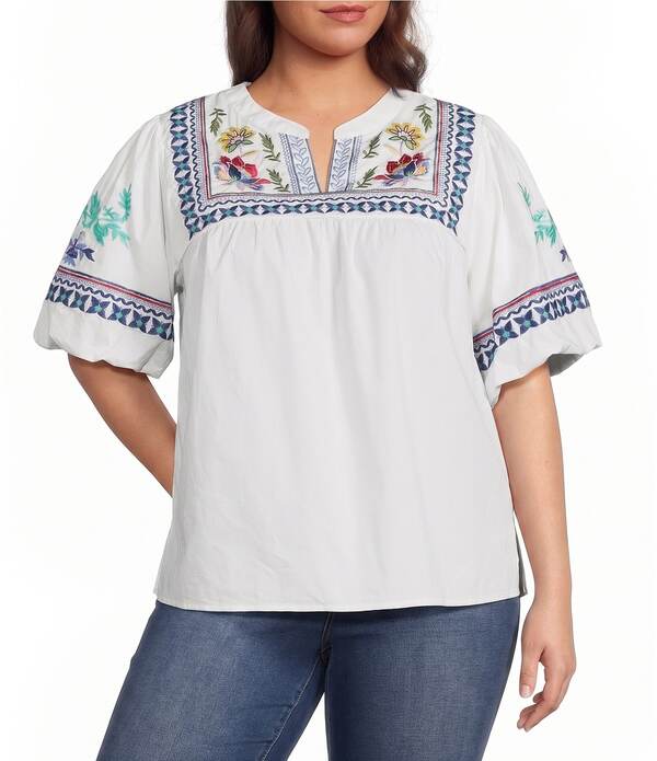 カレッサ レディース トップス シャツ Vネック プラスサイズ 刺繍 Calessa Plusizembroidered Split V-Neck Short Sleeve Tunic White Multi ホワイト｜ReVida 店