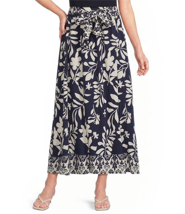 カレッサ レディース 下つ方スコート A 生産ライン 刷り上げる MIDI Calessa Woven Border Leaf Print A-Line Midi Skirt Navy/White 白いこと