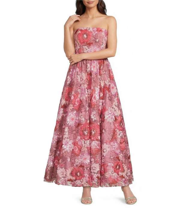 マックダガル レディース トップス ワンピース A ライン フラワー柄 スパンコール ストラップレス フラワー Mac Duggal Strapless 3D Floral Sequin Aline Tea Length Dress Pink Multi ピンク｜ReVida 店
