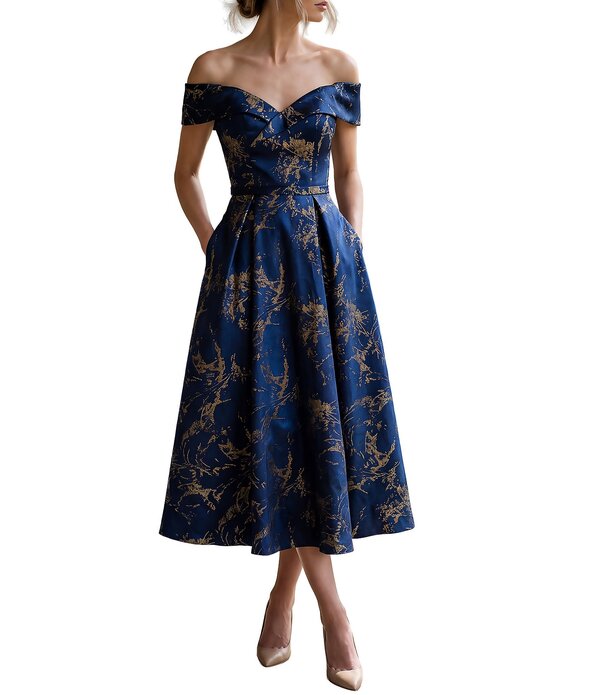 テラニクチュール レディース トップス ワンピース A ライン ミディ Terani Couture Off Shoulder A Line Jacquard Midi Dress Navy Gold ネイビー｜ReVida 店
