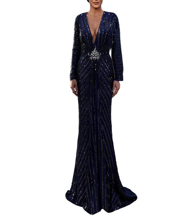 テラニクチュール レディース トップス 衣装 Vのど首 メッシュ スパンコール Terani Couture Sequin Mesh V-Neck Long Sleeve Sheath Long Dress Navy 米国海軍