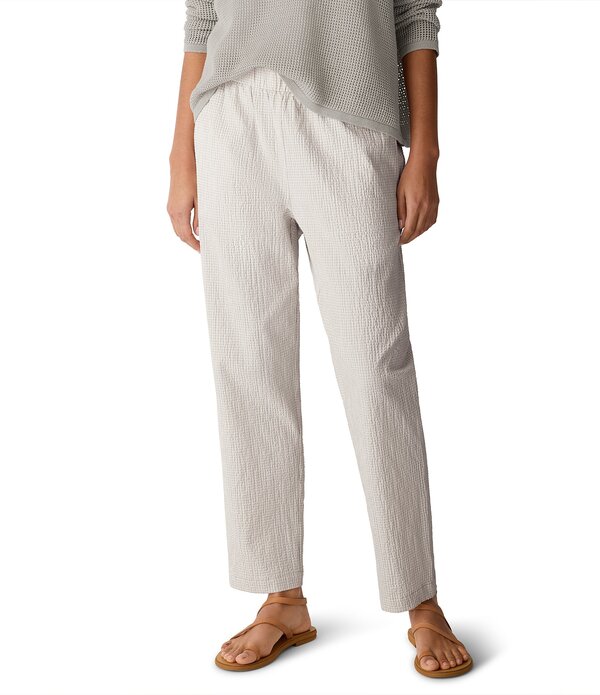 エイリーンフィッシャー レディース ボトムス 心地よいズボン下 綿織物 アンクル Eileen Fisher Organicotton Pucker Check Elastic Waistapered Ankle Pants Chalk 車輪止め