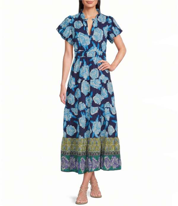 カレッサ レディース トップス 衣装 Vのど首 ティアード 御花柄 プチ MIDI 御花 Calessa Petite Size Floral Split V-Neck Elasticized Short Sleeve Tiered Midi Dress Navy Multi 米国海軍
