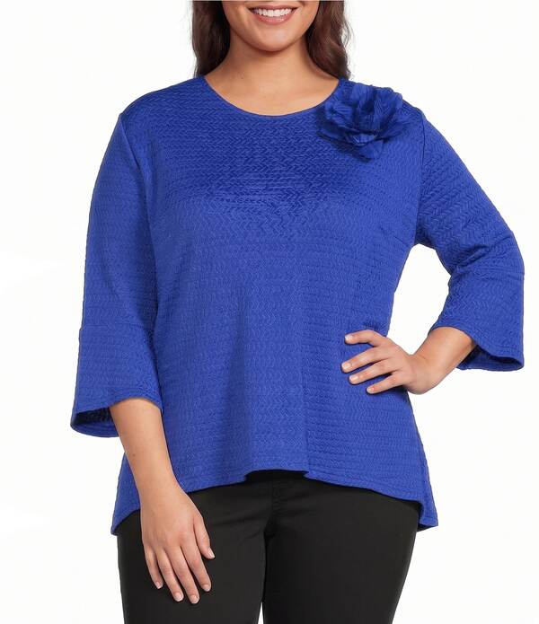カレッサ レディース トップス カットソー 御花柄 足し加える大きさ 編み物 御花 Calessa Plusize Textured Knit Floral Applique Round Neck 3/4 High Low Tunicobalt 青緑色