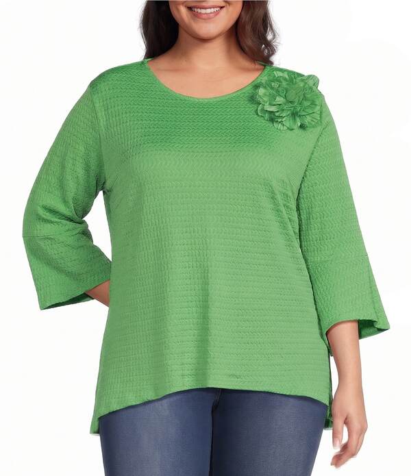 カレッサ レディース トップス カットソー 御花柄 足し加える大きさ 編み物 御花 Calessa Plusize Textured Knit Floral Applique Round Neck 3/4 High Low Tunic Green 緑であること