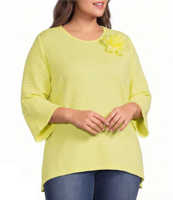 カレッサ レディース トップス カットソー 御花柄 足し加える大きさ 編み物 御花 Calessa Plusize Textured Knit Floral Applique Round Neck 3/4 High Low Tunic Lemon