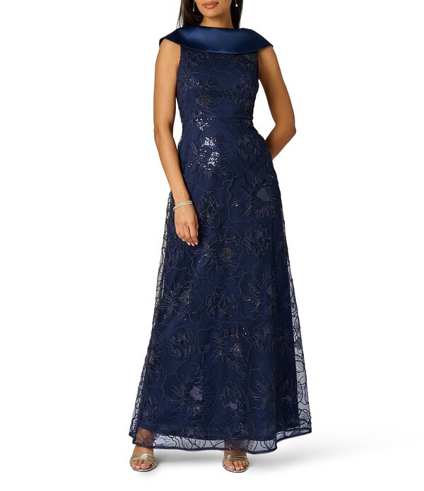 アドリアナ パペル レディース トップス 衣装 刺しゅう Adrianna Papell Embroidered Combo Longown Midnight