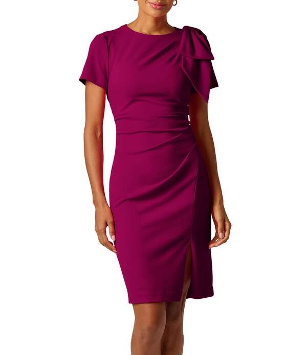 アドリアナ パペル レディース トップス 衣装 クルーネックレープ ひざ丈 プチ ギャザー Adrianna Papell Petite Size Crepe Crew Neck Short Sleeve Bow Shoulderuched Sheath Knee Length Dress Wildberry