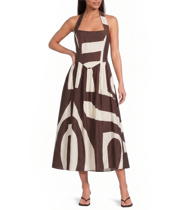 ルーシー光の都市 レディース トップス 衣装 A 生産ライン プチ 刷り上げる MIDI ノースリーブ ホルター Lucy Paris Petite Size Kacey Printed Halter Neck Sleeveless A-Line Midi Dress Brown/Cream 皮膚軟化剤