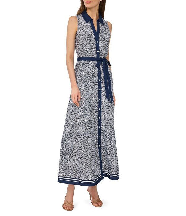 セセ レディース トップス 衣装 刷り上げる プルオーバー ノースリーブ マキシ CeCe Shell Print Collar Neck Sleeveless Belted Maxi Shirt Dress Classic Navy 米国海軍