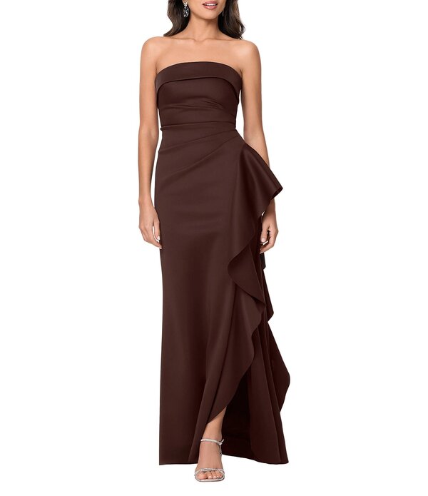 逃げ失せる レディース トップス 衣装 プチ フラウンス ストラップレス Xscapetite Size Straplesside Cascading Ruffle Long Sheath Dress Brown 赤銅色