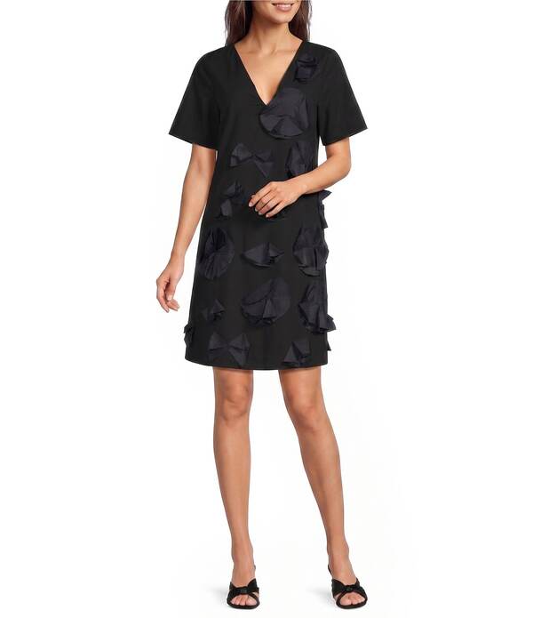 フランセスバレンタイン レディース トップス 衣装 Vのど首 綿織物 FRANCES VALENTINE Schooner Cotton Poplin Origami 3-D Flower Embellished V-Neck Short Sleeve Shift Dress Black 黒いこと