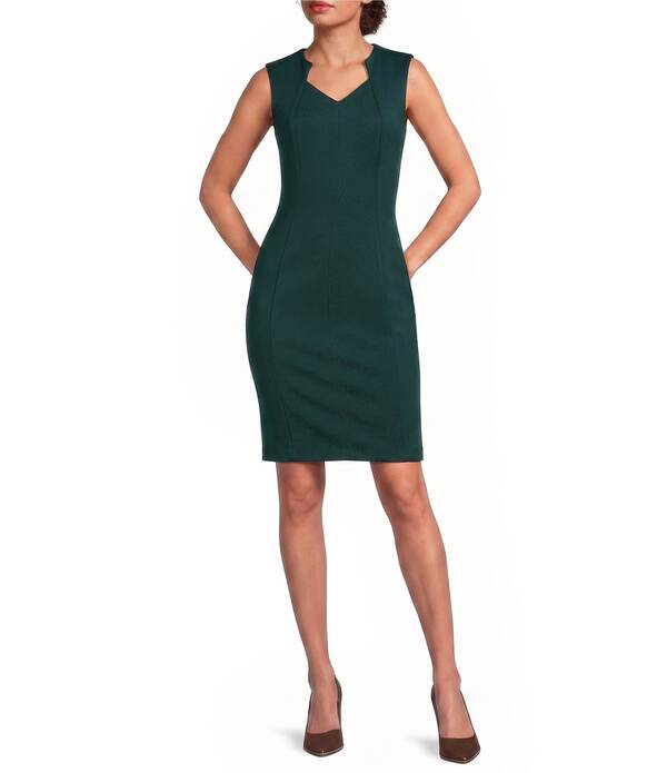 カルバンクライン レディース トップス 衣装 Vのど首 ひざ丈 アクアラング ノースリーブ 編み物 Calvin Klein Scuba Knit V Neck Sleeveless Knee Length Sheath Dress Malachite