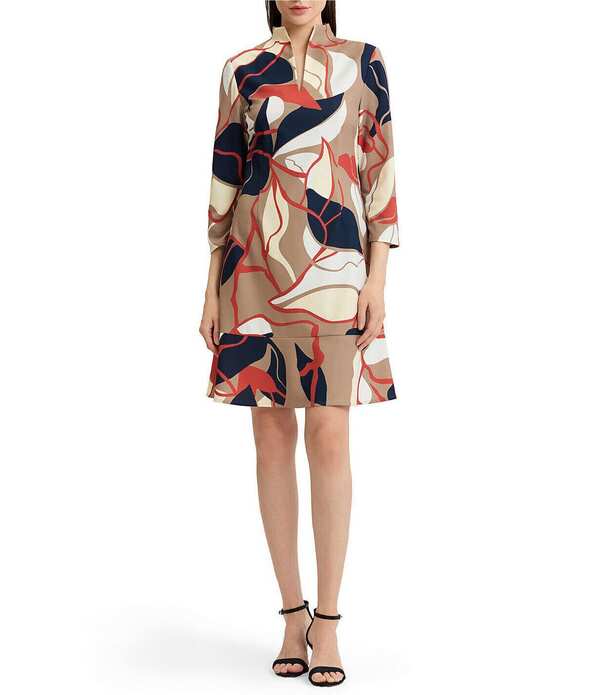 ミンウォン レディース トップス 衣装 Vネックレープ A 生産ライン 御花柄 御花 Ming Wang Abstract Floral Stretch Deco Crepe Funnel Split V-Neck 3/4 Sleeve A-Line Dress Taupe/Indigo/Ivory 象牙色