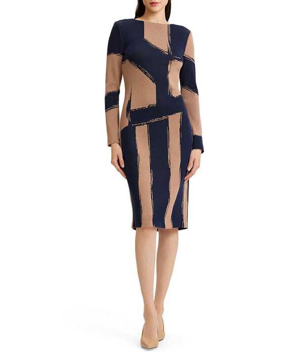 ミンウォン レディース トップス 衣装 刷り上げる 編み物 Ming Wang Jacquard Knit Brushstroke Print Boat Neck Long Sleeve Sheath Dress Warm Taupe/Indigo インディゴ