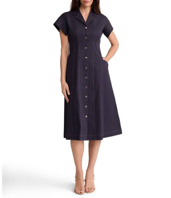 ミンウォン レディース トップス 衣装 プルオーバー 対比 綿織物 Ming Wang Stretch Cottonotch Lapel Short Sleeve Contrastitching Snap-Front Shirt Dress Indigo/White 白いこと