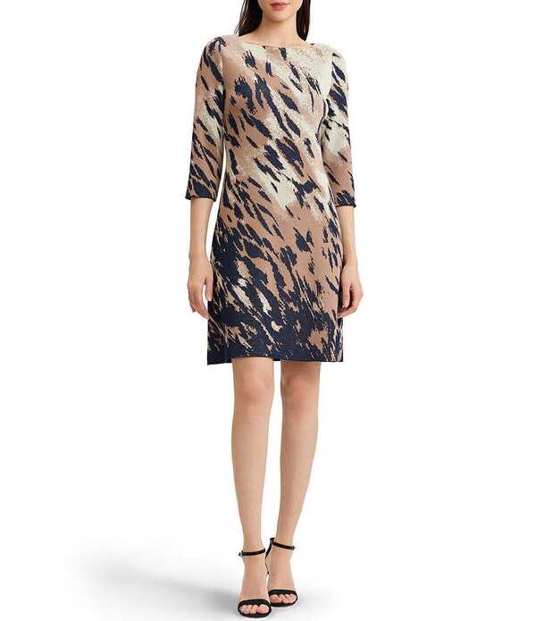 ミンウォン レディース トップス 衣装 A 生産ライン 毛の荒物柄 プチ 刷り上げる 編み物 Ming Wang Petite Size Soft Knit Abstract Animal Print Boat Neck 3/4 Sleeve A-Line Dress Taupe/Indigo/Ivory 象牙色