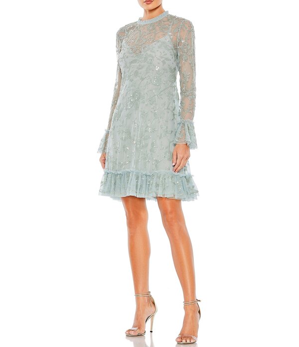 マックダガル レディース トップス ワンピース ハイネック フリル ミニ スパンコール Mac Duggal Sequined Ruffled Hem Illusioned High Neck Long Sleeve Mini Dresseafoam|ReVida 店