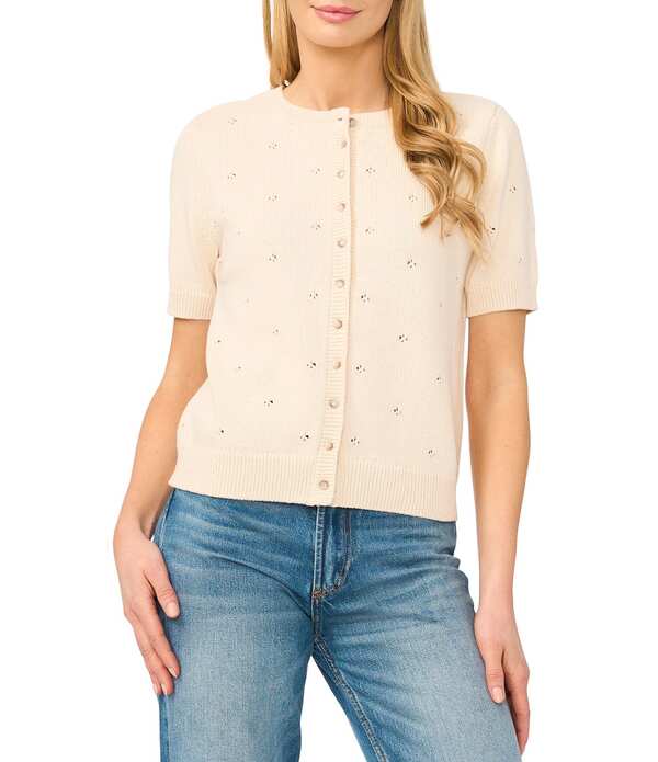 セセ レディース アウター 編み物・スウェーター 労働者の一団のど首 ジレー CeCe Crew Neck Short Sleeve Cardigan Sweater Soft Cream 皮膚軟化剤