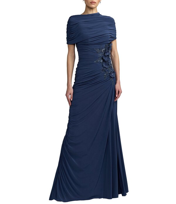 マックダガル レディース トップス 衣装 ドレープ 旗がしら ケープ プルオーバー Mac Duggal Beaded Jersey Draped Capeletop Column Gown Sapphire サファイア