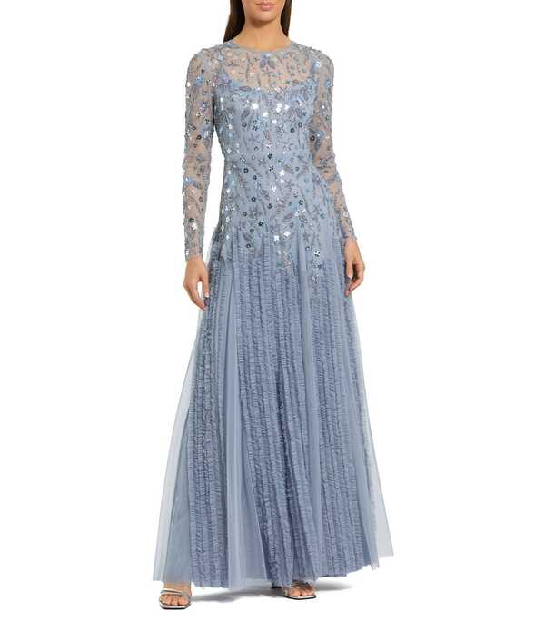 マックダガル レディース トップス 衣装 メッシュ Mac Duggal Embellished Mesh Long Sleeve Gown Slate Blue スレート