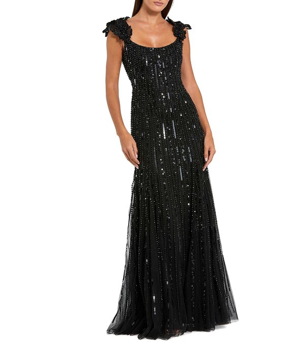 マックダガル レディース トップス 衣装 御花柄 メッシュ ノースリーブ 御花 Mac Duggal Sleeveless Mesh Gown With Floral Shoulder Detail Black 黒いこと