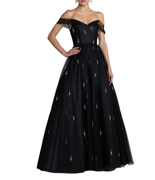 マックダガル レディース トップス 衣装 チュール Mac Duggal Pearl Embellished Tulle Off The Shoulder Gown Black 黒いこと