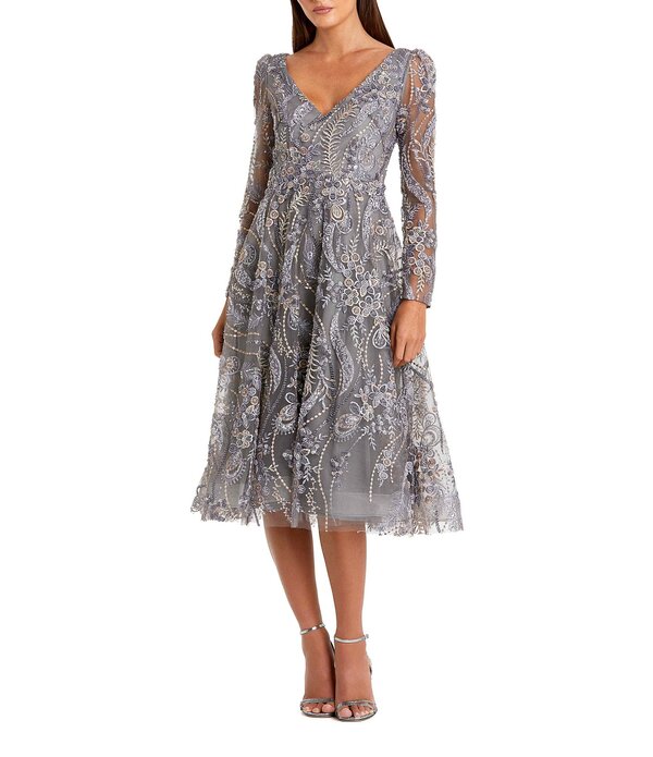 マックダガル レディース トップス 衣装 Vのど首 御花柄 MIDI 刺しゅう 御花 Mac Duggal Floral Embroidered Long Sleeve V Neck Midi Dress Charcoal 濃灰色