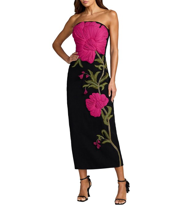 マックダガル レディース トップス 衣装 縮緬 MIDI ストラップレス Mac Duggal Strapless Crepe Fitted Midi Dress With Flower Motif Black Multi 黒いこと