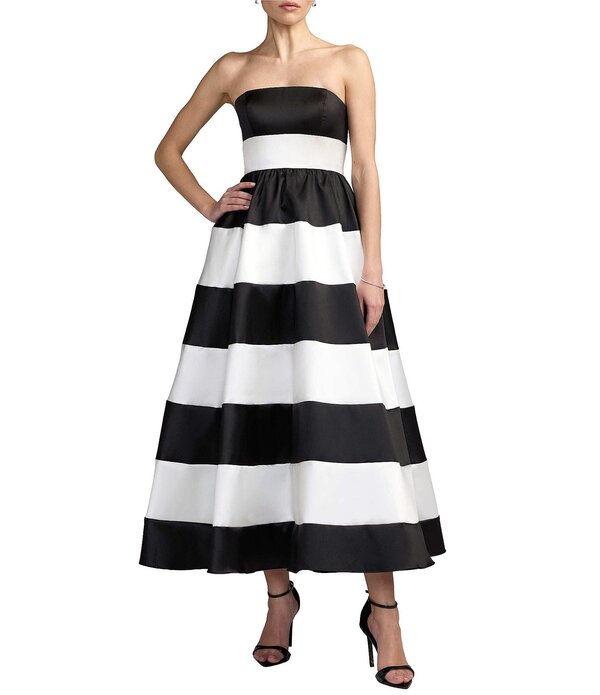 マックダガル レディース トップス ワンピース ミディ ストラップレス Mac Duggal Strapless Mikado Striped Midi Dress With Pockets Black Ivory アイボリー|ReVida 店