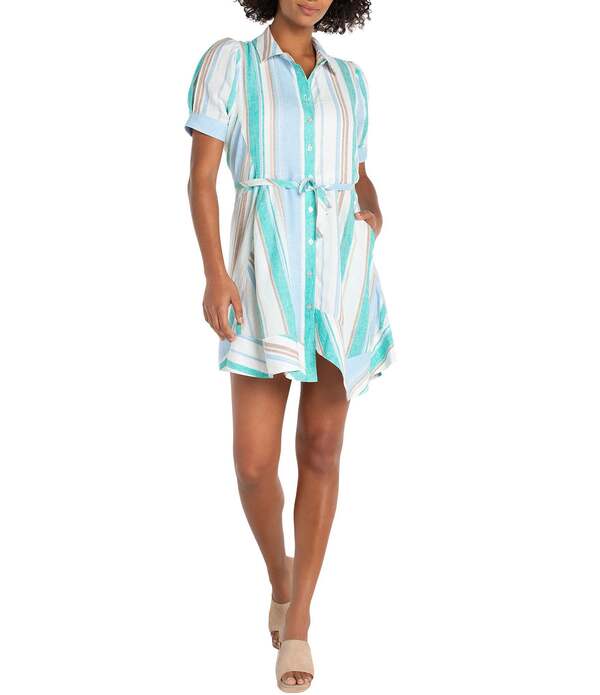 リヴァプール 天使の都市 レディース トップス 衣装 プルオーバー Liverpoolos Angeles Woven Muti Stripe Point Collar Short Sleeve Shirt Dress Cream Teal Multi Stripe 皮膚軟化剤