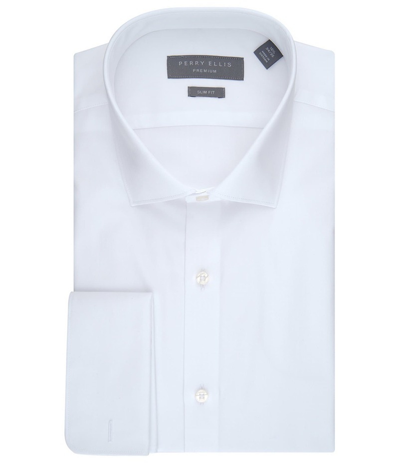 ペリーエリス メンズ トップス プルオーバー か細い相応う Perry Ellis Slim Fit Stretch Spread Collar French Cuff Chateau Herringbone Dress Shirt White 白いこと メンズファッション-カジュアルシャツ-トップス