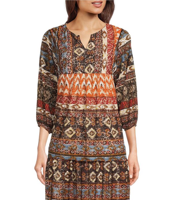 カレッサ レディース トップス プルオーバー V素っ首 刷り上げる メッシュ Calessa Coordinating Abstract Border Print Split V-Neck 3/4 Sleeve Popover Mesh Tunic Sand Multi 真砂