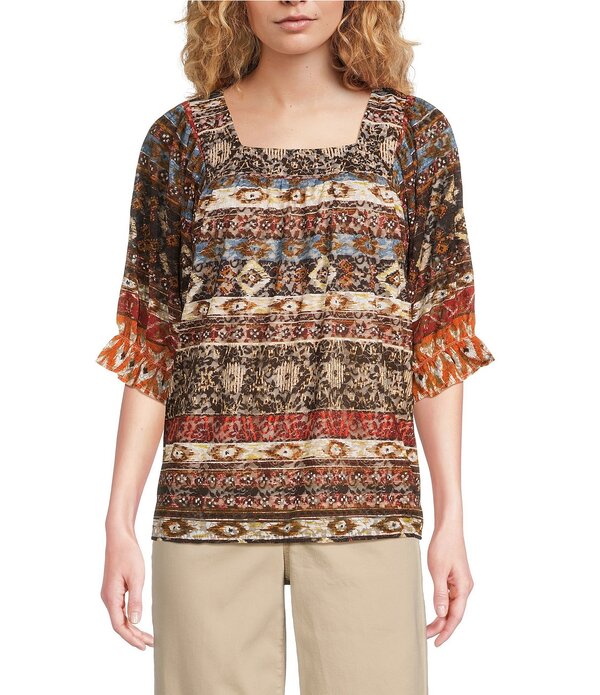 カレッサ レディース トップス プルオーバー 刷り上げる メッシュ 編み物 Calessabstract Border Print Square Neck Elbow Sleeve Mesh Knitunic Sand Multi 真砂