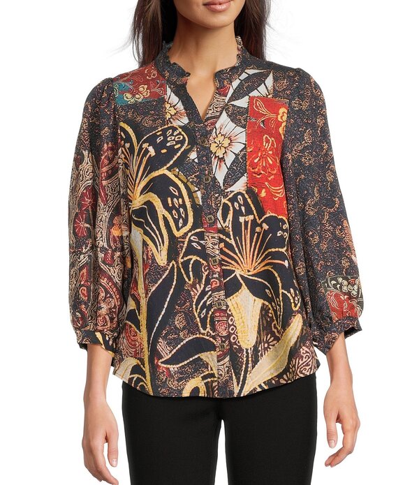 カレッサ レディース トップス プルオーバー V素っ首 Calessa Woven Paisley Split V-Neck 3/4 Sleeve Button Frontunic Black Multi 黒いこと
