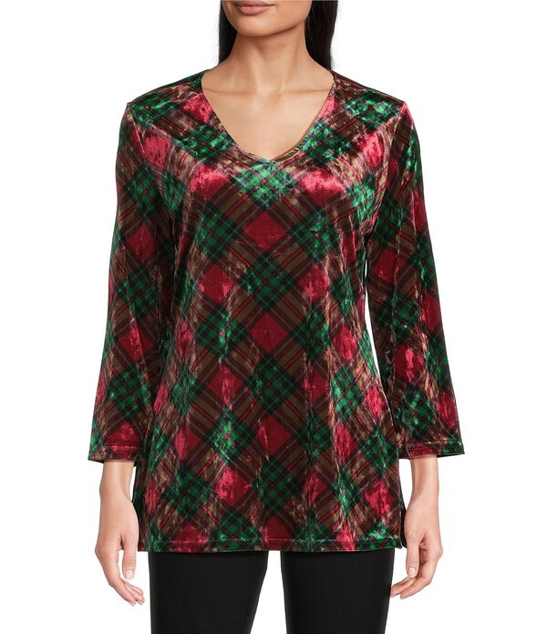 カレッサ レディース トップス プルオーバー V素っ首 刷り上げる 天鵞絨 編み物 Calessa Plaid Print V-Neck Wrist Length Sleevelvet Knitunic Red Multi 赤いこと
