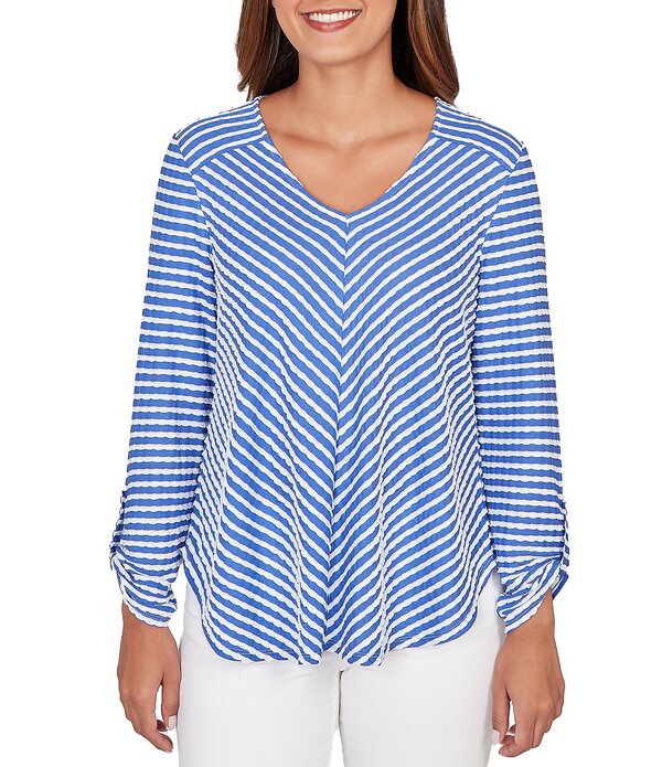 ルビーアールディー レディース トップス Tシャツ Vネック Ruby Rd. Scalloped Stripe V-Neck 3/4 Roll-Tab Sleeve Top Sea Blue/White ホワイト｜ReVida 店