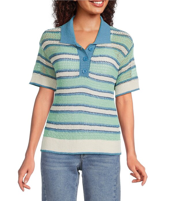 シティブルース レディース アウター ニット・セーター ポロシャツ City Bluestriped Peter Pan Collar Short Sleeve Crochet Polo Top Sea Green グリーン｜ReVida 店