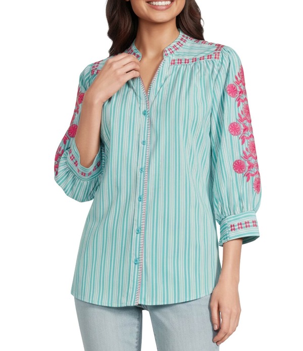 カレッサ レディース トップス シャツ Vネック 刺繍 Calessa Woven Striped Embroidered Split V-Neck 3/4 Sleeve Button Frontunic Teal/White ホワイト｜ReVida 店