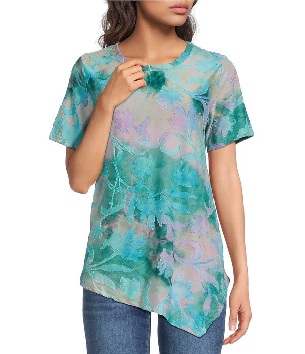 カレッサ レディース トップス カットソー 労働者の一団のど首 非対称 Calessa Burnoutie-Dye Crew Neck Short Sleeve Asymmetric Tunic Mint Multi ペパーミント