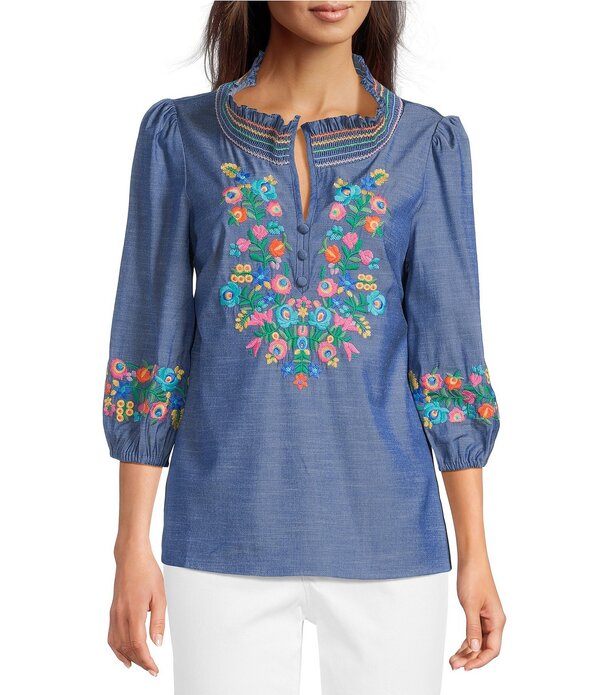 カレッサ レディース トップス シャツ Vネック フリル 刺繍 Calessa Embroidered Ruffle Split V-Neck 3/4 Sleeve Tunic Indigo Multi インディゴ｜ReVida 店