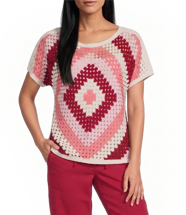 ナーチャー レディース トップス プルオーバー Nurture Short Sleeve Crochet Pullover Top Multi Rediamond 赤いこと