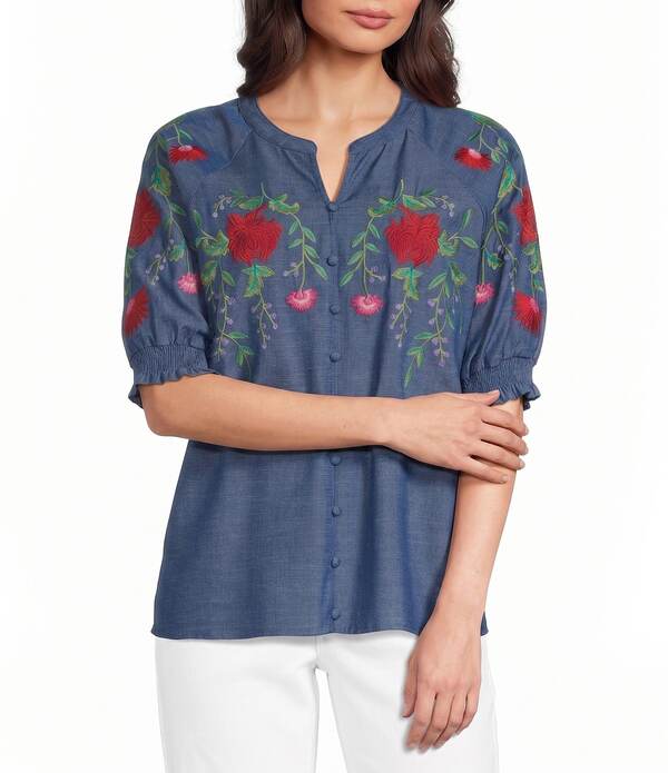カレッサ レディース トップス シャツ 刺繍 Calessa Embroidered Split Round Neck Elbow Raglan Sleeve Top Indigo インディゴ｜ReVida 店