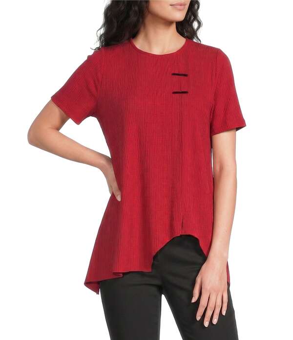 カレッサ レディース トップス カットソー 非対称 編み物 Calessa Textured Knit Asymmetric Hem Tunic Red 赤いこと
